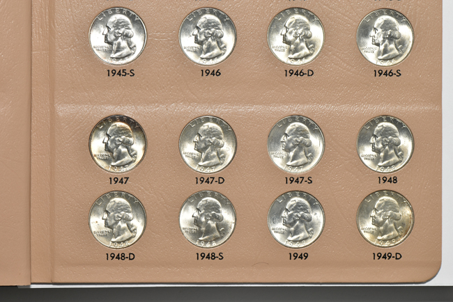 Seventy-nine different silver Washington quarters in a Dansco 7140 album