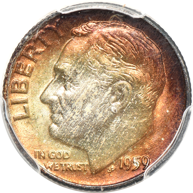 Eight Roosevelt dimes, a Walking Liberty half-dollar, a Booker T. Washington half-dollar, and two Franklin half-dollars, all certified