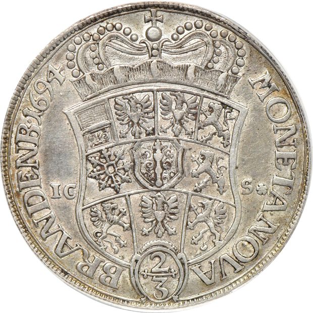 Germany/Danzig - 1694-ICS 2/3 thaler ANACS XF-40, 1907-D 5 mark NGC MS-63, and a Danzig 1923 5 gulden PCGS AU-55