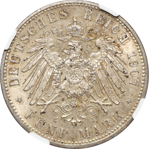 Germany/Danzig - 1694-ICS 2/3 thaler ANACS XF-40, 1907-D 5 mark NGC MS-63, and a Danzig 1923 5 gulden PCGS AU-55