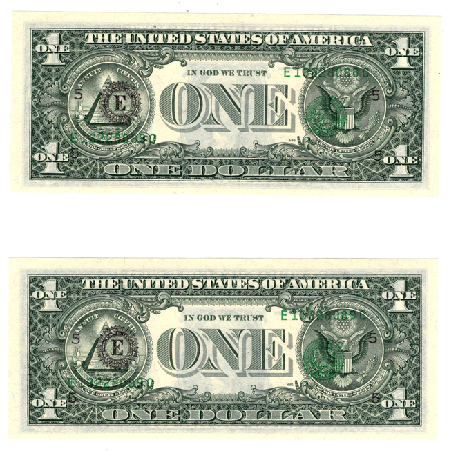 Error Currency - Sequential pair of 1993 $1 Richmond with third print on back CU