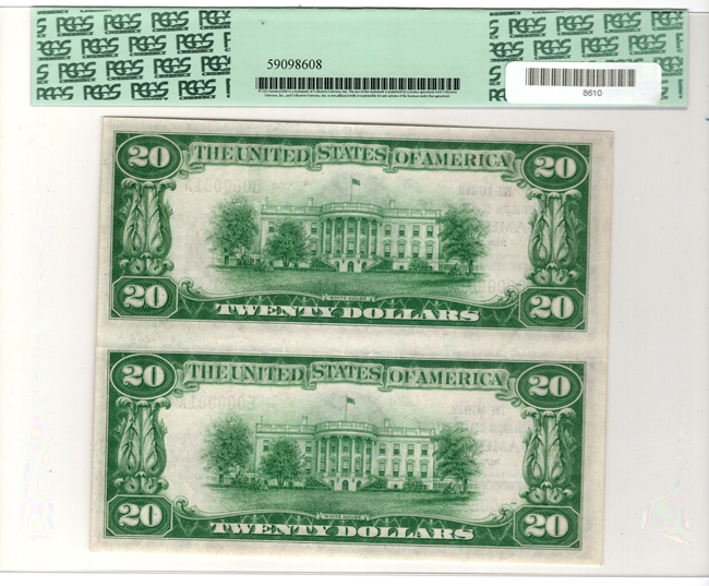 Uncut pair of 1929 $20 Type 1, Serial Number 1 - Jamestown, NY Charter #8453 - PCGS AU-53 PPQ