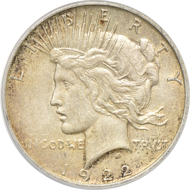 Two Mint Error Peace dollars, plus a 1922 VAM 8 Doubled Tiara Peace dollar, all PCGS as described