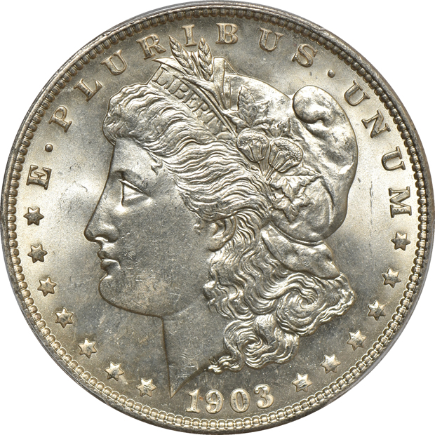 1903 MS-64, two 1903 MS-65, and a 1903-O VF-30, all PCGS