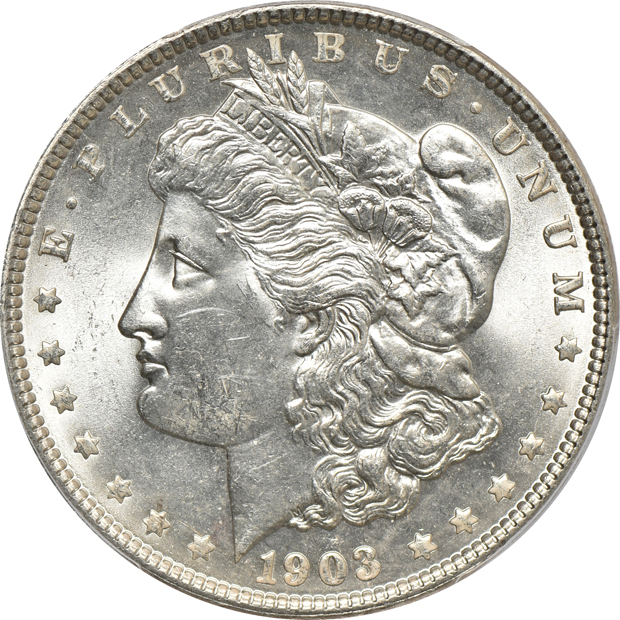 1903 MS-64, two 1903 MS-65, and a 1903-O VF-30, all PCGS