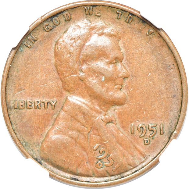 1847-O quarter-eagle, rotated dies, XF-45; and a 1951-D Lincoln cent double struck rotated in collar XF-45 BN, both NGC