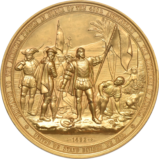 Two 1892 World's Columbian Expo Eglit-101 90mm, one Gilt and one Bronze, both NGC PF-65