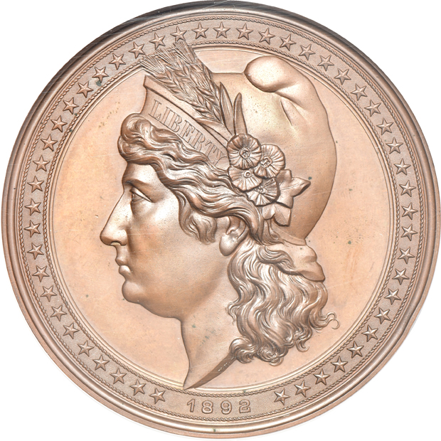 Two 1892 World's Columbian Expo Eglit-101 90mm, one Gilt and one Bronze, both NGC PF-65