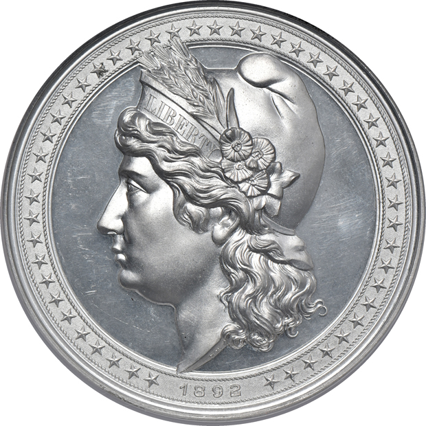 Five 90mm World's Columbian Expo Liberty Head Medals Eglit 101 High Relief medals, Gilt, Aluminum, Bronze, Matte, and White Medal, all NGC 