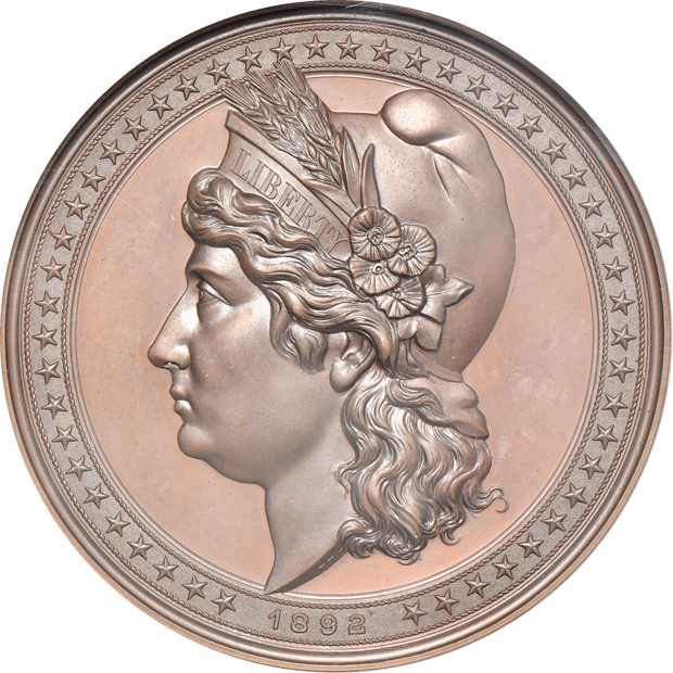 Five 90mm World's Columbian Expo Liberty Head Medals Eglit 101 High Relief medals, Gilt, Aluminum, Bronze, Matte, and White Medal, all NGC 