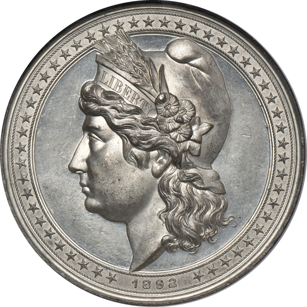Five 90mm World's Columbian Expo Liberty Head Medals Eglit 101 High Relief medals, Gilt, Aluminum, Bronze, Matte, and White Medal, all NGC 