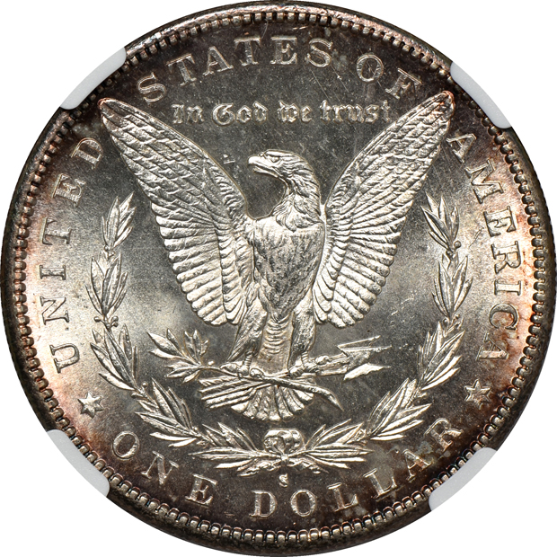 1885-S MS-63, and an 1886-S MS-63 CAC, both NGC