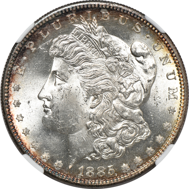 1885-S MS-63, and an 1886-S MS-63 CAC, both NGC