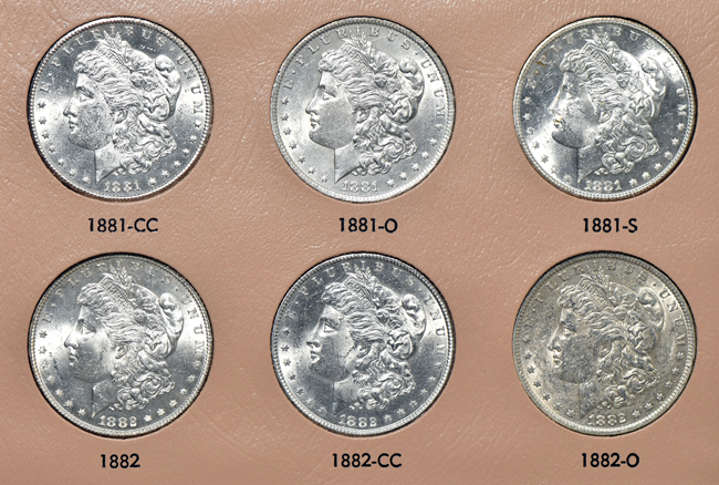 Collection of forty-four different Morgan silver dollars in a Dansco 7178 album