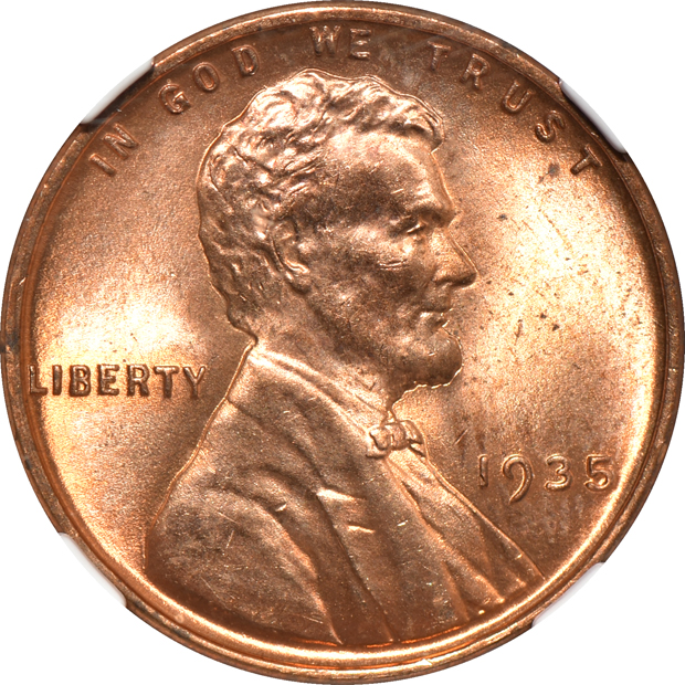 Five certified RED Lincoln cents