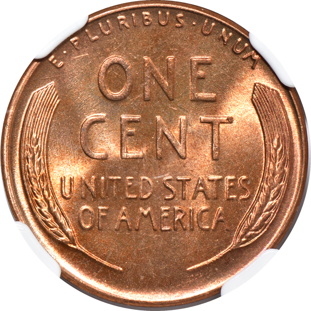Three Lincoln Wheat cents and one Lincoln Memorial cent, all NGC MS-67 RD