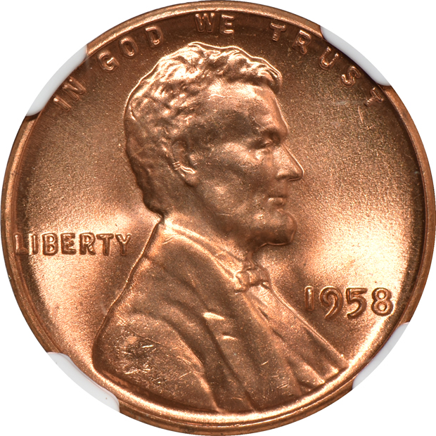 Three Lincoln Wheat cents and one Lincoln Memorial cent, all NGC MS-67 RD