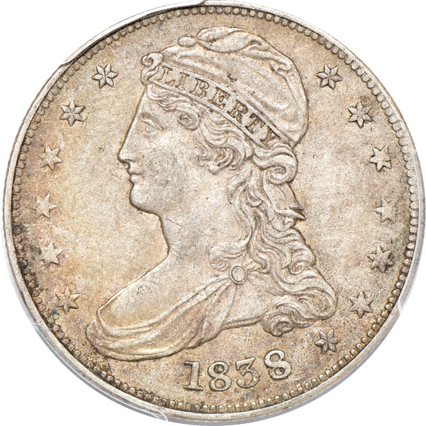 1838 Reeded Edge Capped Bust half-dollar PCGS XF-45, and an 1872 Seated Liberty dollar XF-40