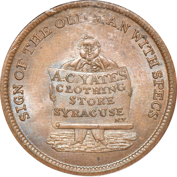 (1860) Syracuse, NY M-NY-1029 A.C Yates Clothing Co. token MS-65 BN, plus two encased Lincoln cents, all NGC