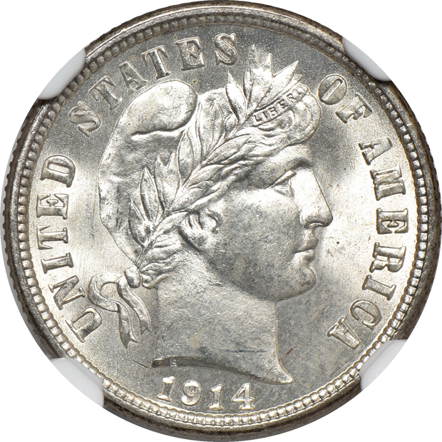 1842-O Seated Liberty dime VF-35, 1911 Barber dime MS-64, and a 1914 Barber dime MS-64, all NGC