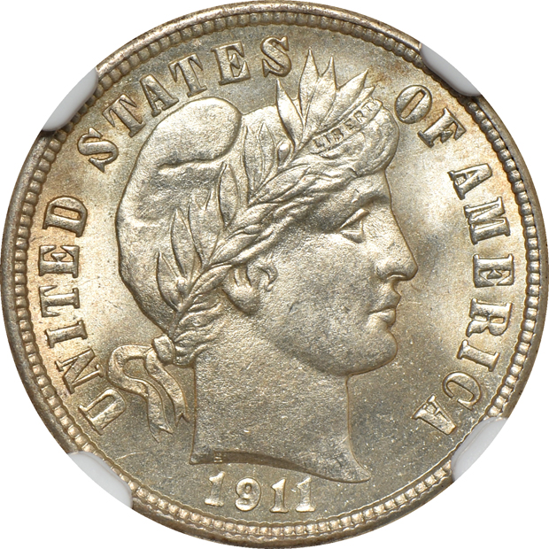 1842-O Seated Liberty dime VF-35, 1911 Barber dime MS-64, and a 1914 Barber dime MS-64, all NGC