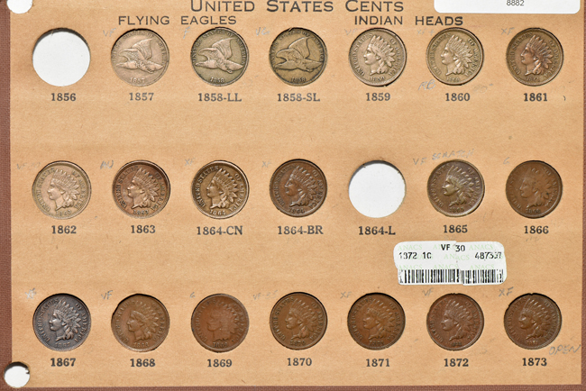 Partial collection of fifty-seven different Flying Eagle and Indian cents in Wayte Raymond holders