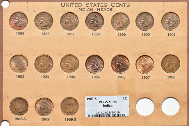 Partial collection of fifty-seven different Flying Eagle and Indian cents in Wayte Raymond holders