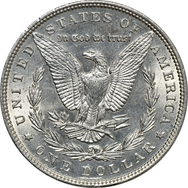 Five AU/BU Morgan silver dollars