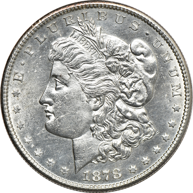 Five AU/BU Morgan silver dollars