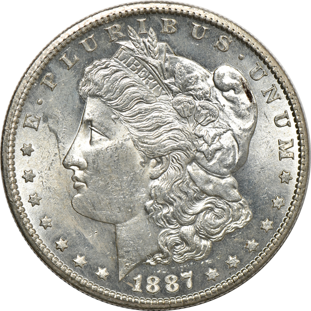 Five AU/BU Morgan silver dollars
