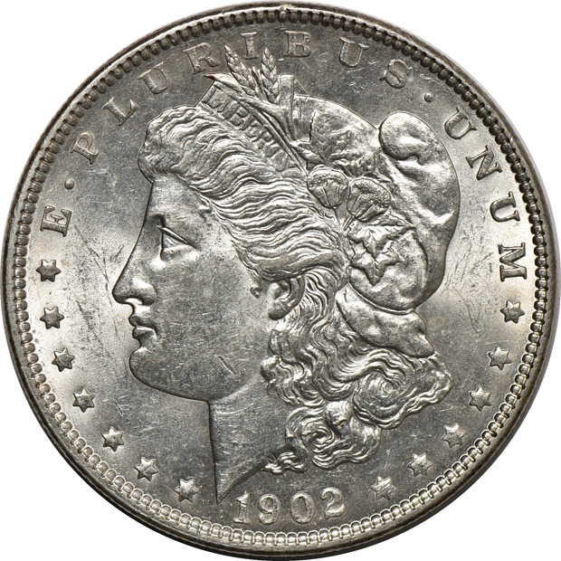 Five AU/BU Morgan silver dollars