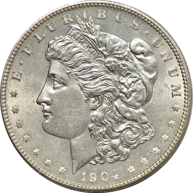 Five AU/BU Morgan silver dollars