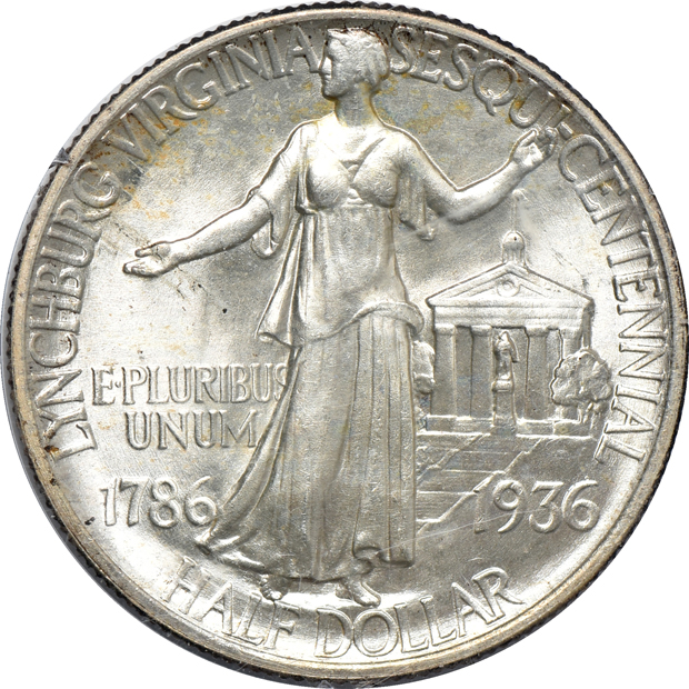 1892 Columbian, 1899 New Rochelle, and a 1936 Lynchburg, all PCGS MS-65 (rattler)