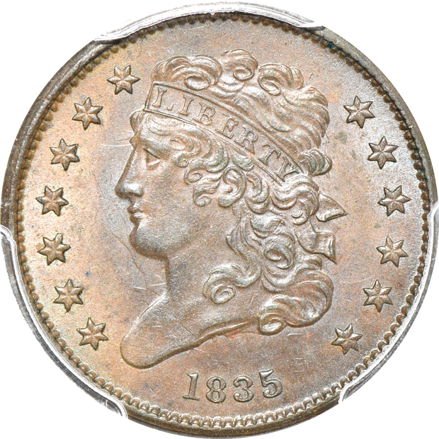 1835 half-cent and 1851 large cent, both PCGS MS-63BN