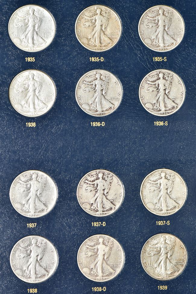 Complete collection of Walking Liberty half-dollars in a Whitman 9125 album