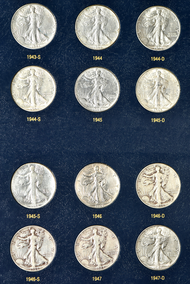 Complete collection of Walking Liberty half-dollars in a Whitman 9125 album