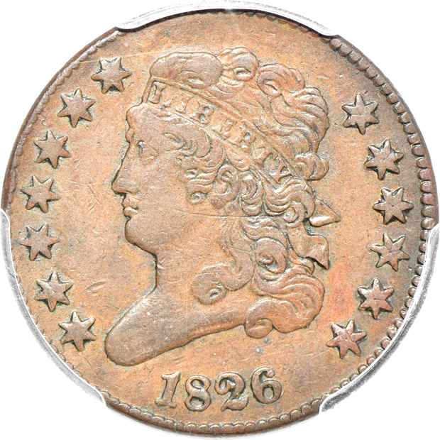 1804 C-5 Spiked Chin PCGS VF-35, 1804 C-1 ANACS F-12, and an 1826 C-2 PCGS XF-40