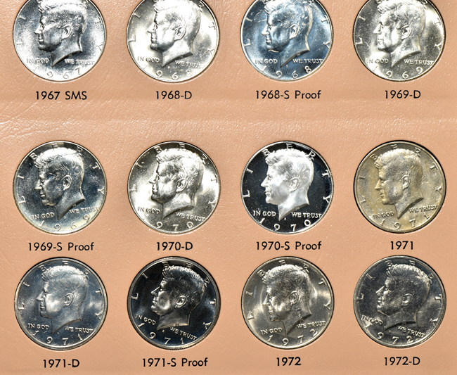Complete collection of Kennedy half-dollars, including proof-only issues, through 2017-S clad, in two Dansco albums
