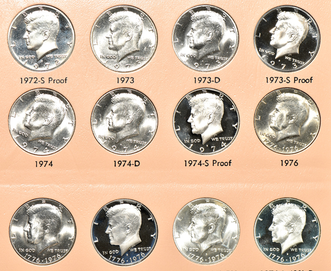 Complete collection of Kennedy half-dollars, including proof-only issues, through 2017-S clad, in two Dansco albums