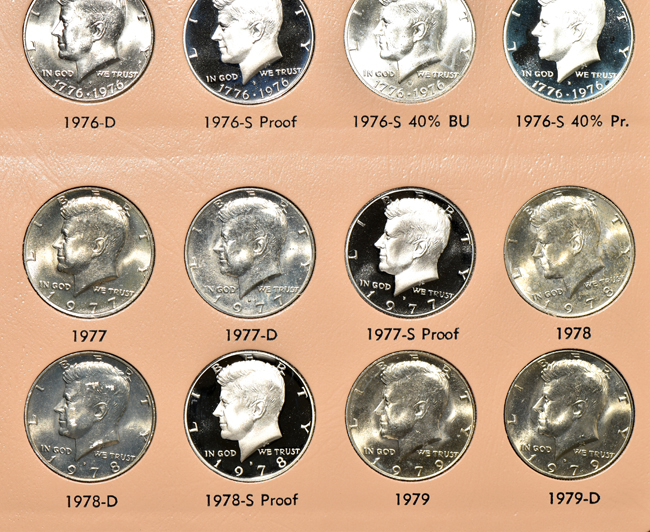 Complete collection of Kennedy half-dollars, including proof-only issues, through 2017-S clad, in two Dansco albums
