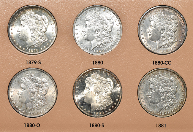 Collection of Morgan silver dollars, 1878 through 1890, in a Dansco 7178 album