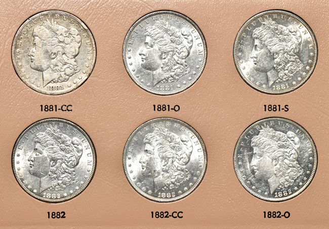 Collection of Morgan silver dollars, 1878 through 1890, in a Dansco 7178 album