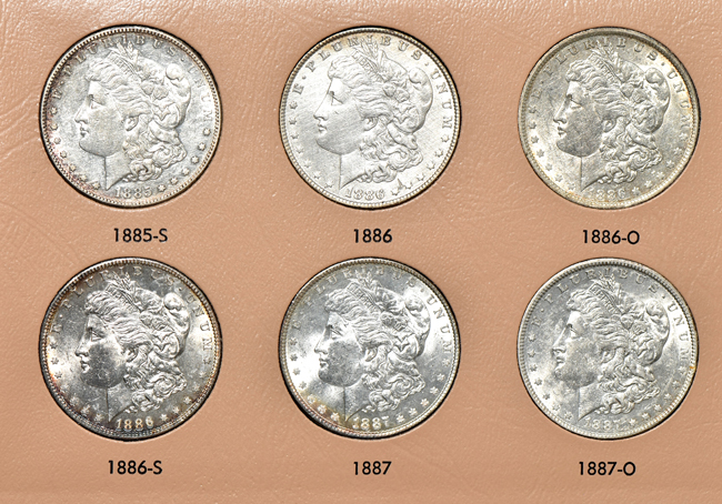 Collection of Morgan silver dollars, 1878 through 1890, in a Dansco 7178 album