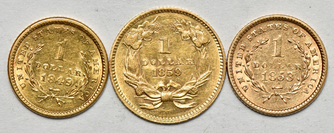 1849 Open Wreath, 1853, and 1859, all AU