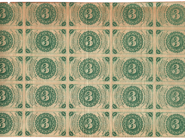 Third Issue - Uncut sheet of twenty-five 3 cents Fr# 1226 - XF