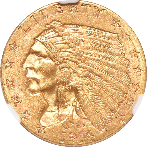 1861 Type 2 Liberty quarter-eagle AU details/cleaned, and a 1914-D Indian-Head quarter eagle MS-61+, both NGC