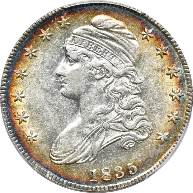 1835 Bust half-dollar AU-55, and an 1872 Seated Liberty dollar XF-40, both PCGS