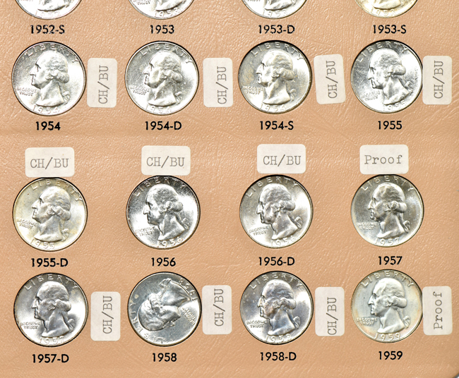 Nearly complete collection of Washington quarter (no 1938-S or 1939-S), including proof-only issues through 1998-S silver, in a Dansco album