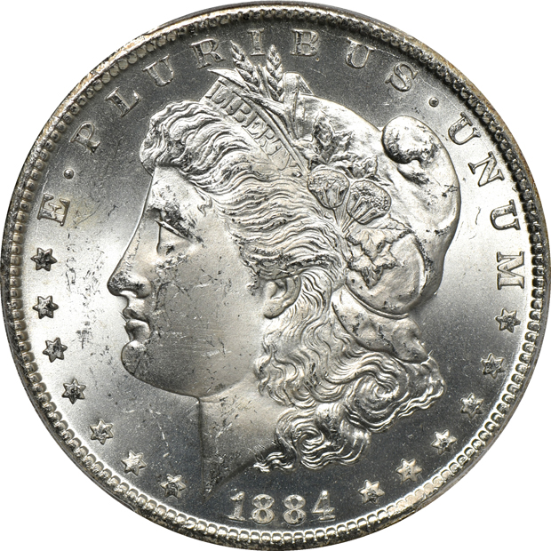 1883-CC MS-64+, 1884-CC MS-64+, and an 1884-CC MS-64, all PCGS