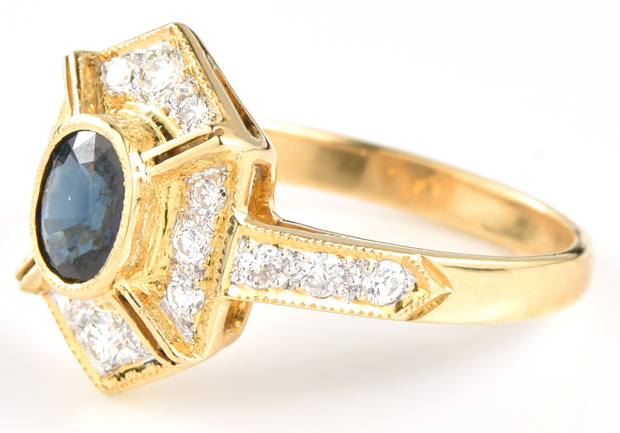 18K Yellow Gold Diamond and Sapphire Ring